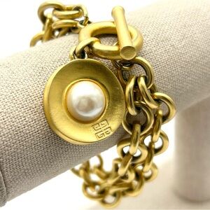 Givenchy Vintage Double Chain Pearl Charm Toggle Bracelet